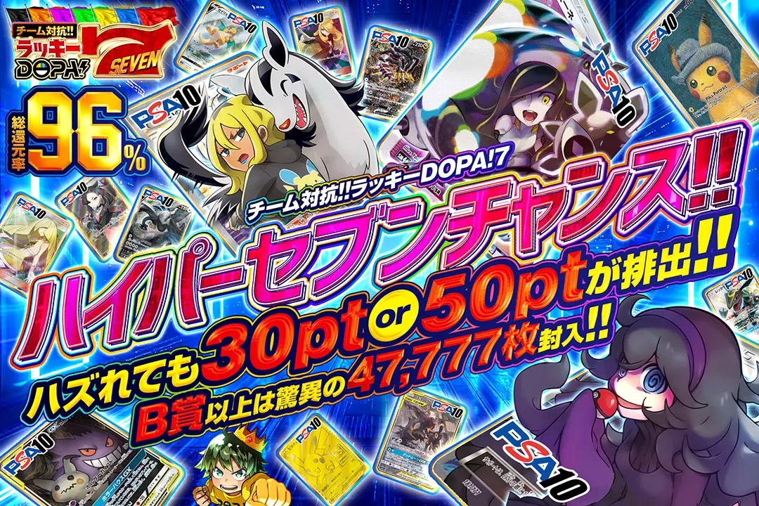 "ラッキーDOPA!7 ハイパーセブンチャンス!!" "総還元率96%! ハズれても30pt or 50ptが排出!! B賞以上は驚異の47,777枚封入!!"