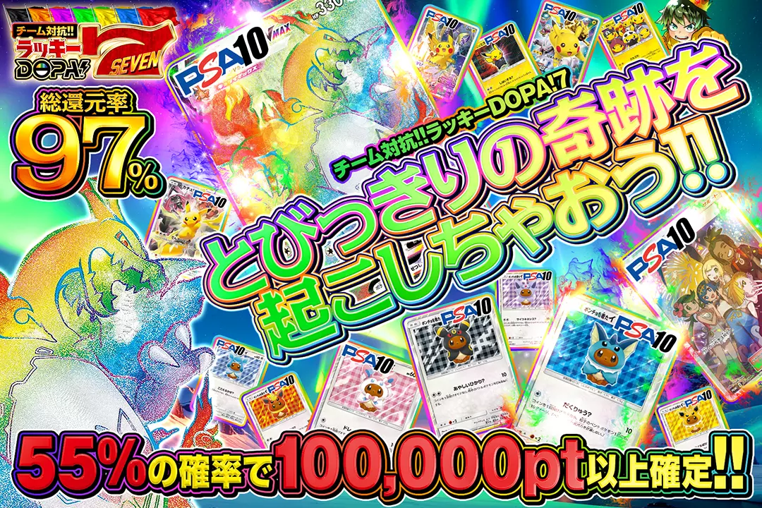 "ラッキーDOPA!7 とびっきりの奇跡を起こしちゃおう!!" "総還元率97%! 55％の確率で100,000pt以上確定!!"