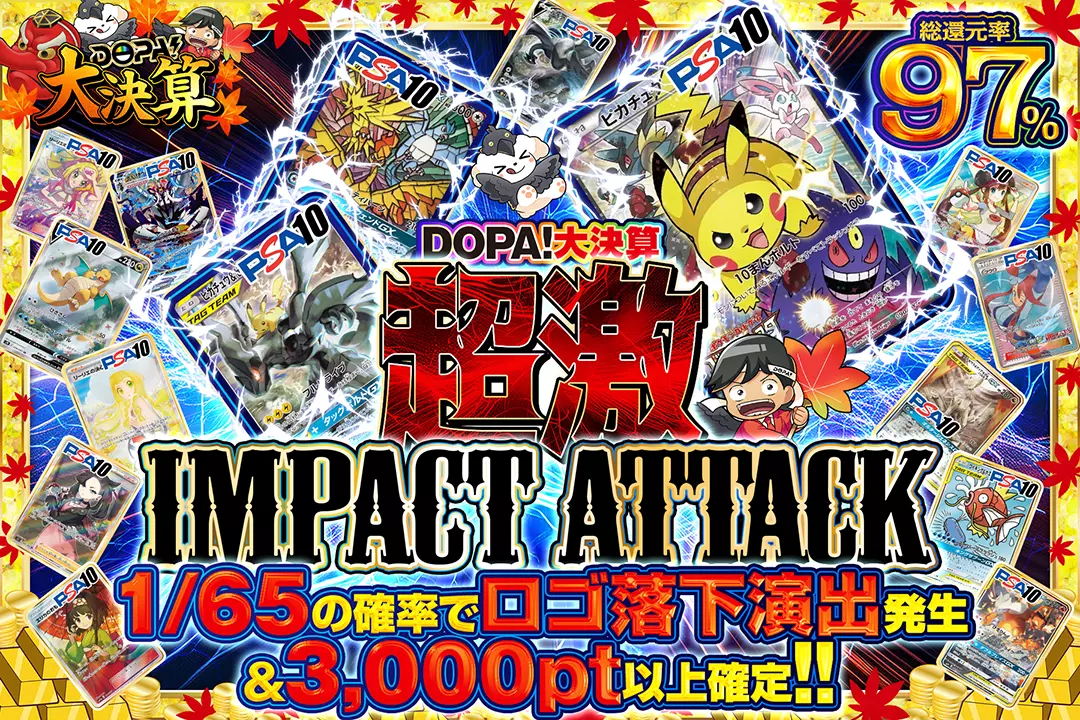 "DOPA!大決算 超激IMPACT ATTACK" "総還元率97%!! 1/65の確率でロゴ落下演出発生&3,000pt以上確定!!"