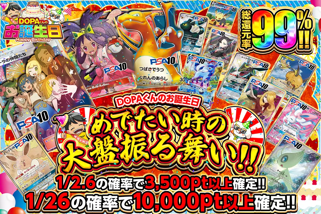 "DOPAくんのお誕生日 めでたい時の大盤振る舞い!!" "総還元率99%!! 1/2.6の確率で3,500pt以上確定!! 1/26の確率で10,000pt以上確定!!"