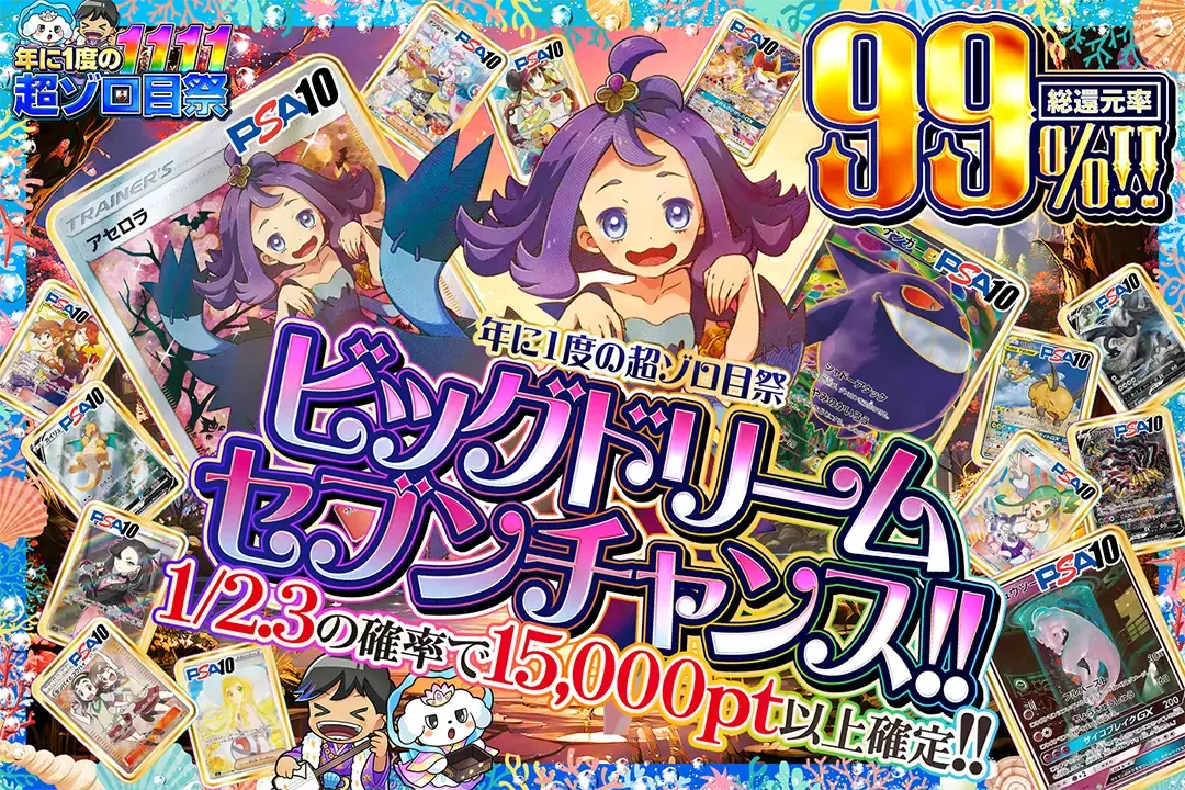 "年に1度の超ゾロ目祭 ビッグドリームセブンチャンス!!" "総還元率99%!! 1/2.3の確率で15,000pt以上確定!!"
