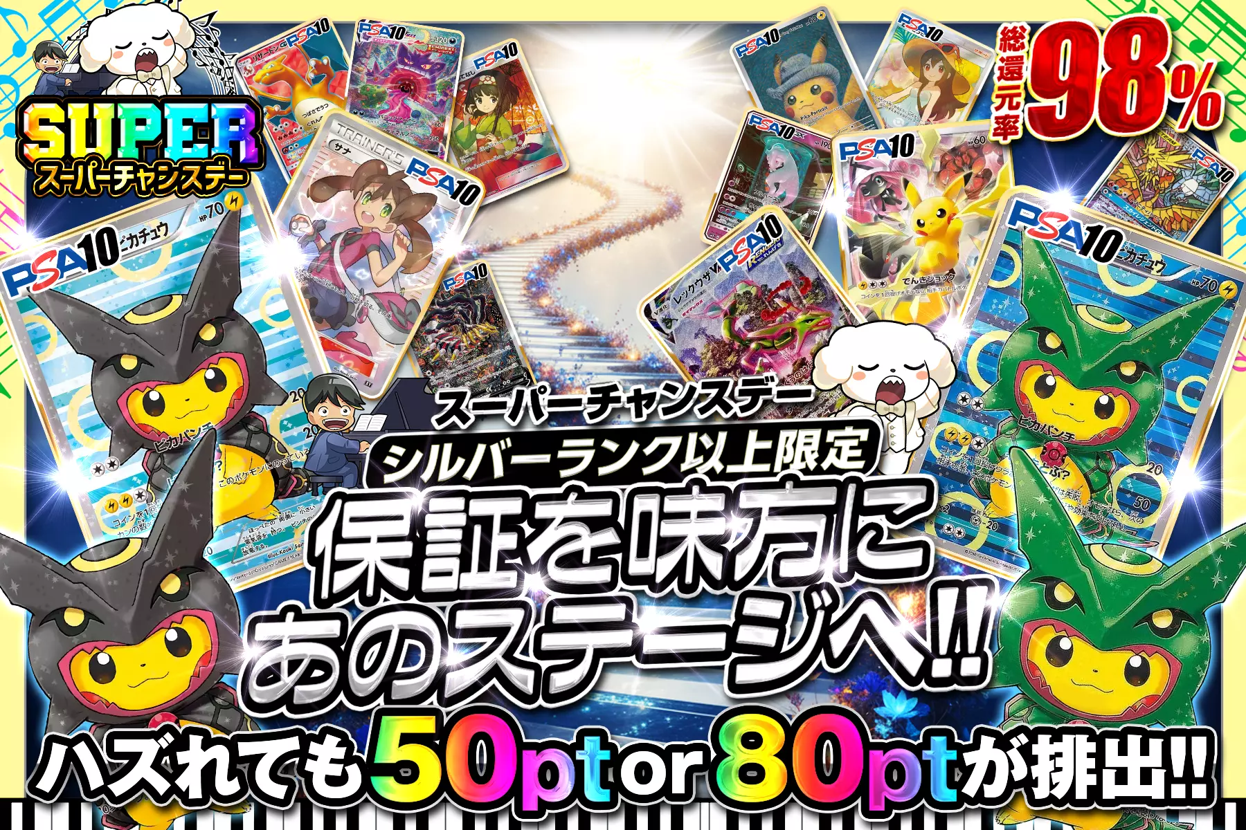 "スーパーチャンスデー シルバーランク以上限定 保証を味方にあのステージへ!!" "総還元率98%! ハズれても50pt or 80ptが排出!!"