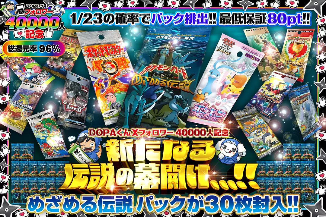 "DOPAくんXフォロワー40000人記念 新たなる伝説の幕開け...!!" "総還元率96%! 最低保証80pt!! 1/23の確率でパック排出!! めざめる伝説 パックが30枚封入!!"