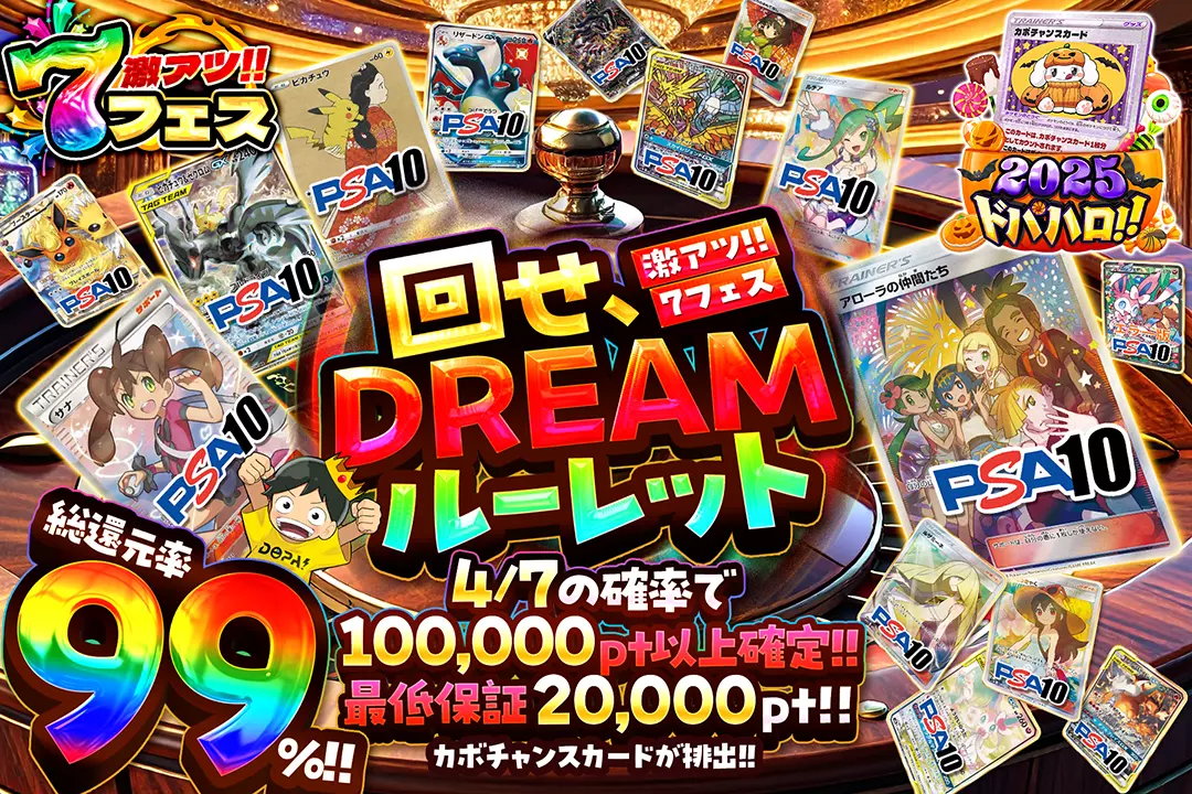 激アツ!!7フェス 回せ、DREAMルーレット 総還元率99%!! 4/7の確率で100,000pt以上確定!! 最低保証20,000pt!! カボチャンスカードが排出!!