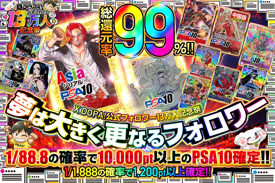 "X DOPA!公式フォロワー13万人記念祭 夢は大きく更なるフォロワー" "総還元率99％!! 1/1.888の確率で1,200pt以上確定!! 1/88.8の確率で10,000pt以上のPSA10確定!!"