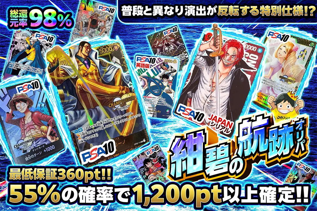 紺碧の航跡オリパ "総還元率98％!! 最低保証360pt!! 55%の確率で1,200pt以上確定!! 普段と異なり演出が反転する特別仕様!?"