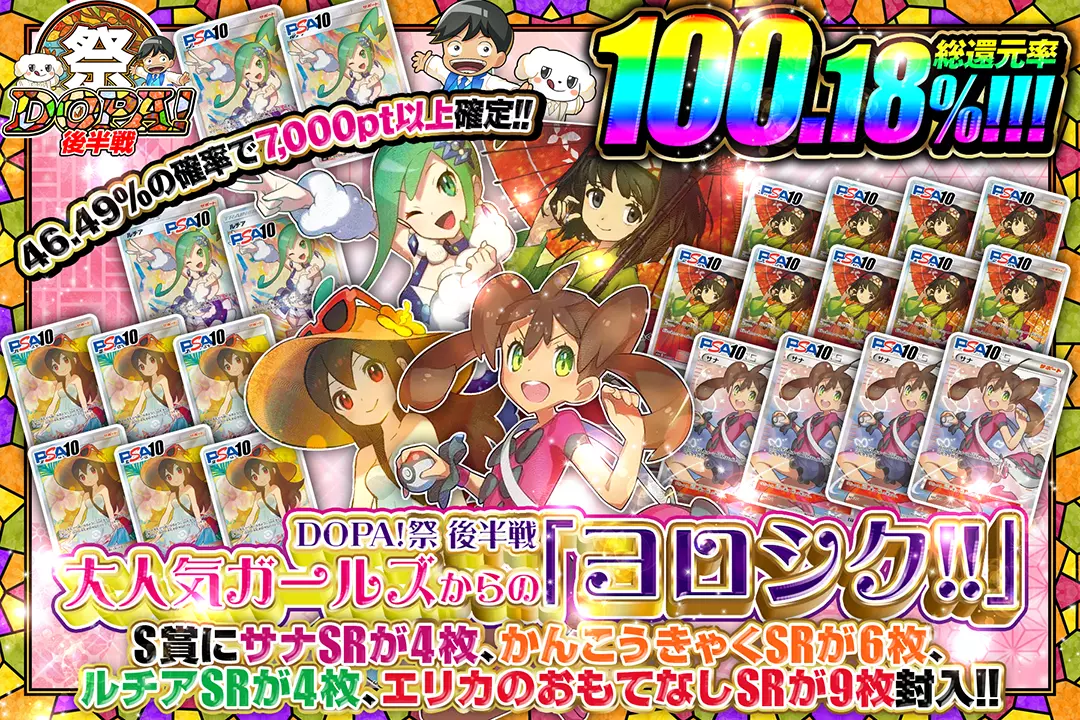 "DOPA!祭 後半戦 大人気ガールズからの「ヨロシク!!」" "総還元率100.18%!! 46.49%の確率で7,000pt以上確定!! S賞にサナ SRが4枚、かんこうきゃく SRが6枚、ルチア SRが4枚、エリカのおもてなし SRが9枚封入!!"