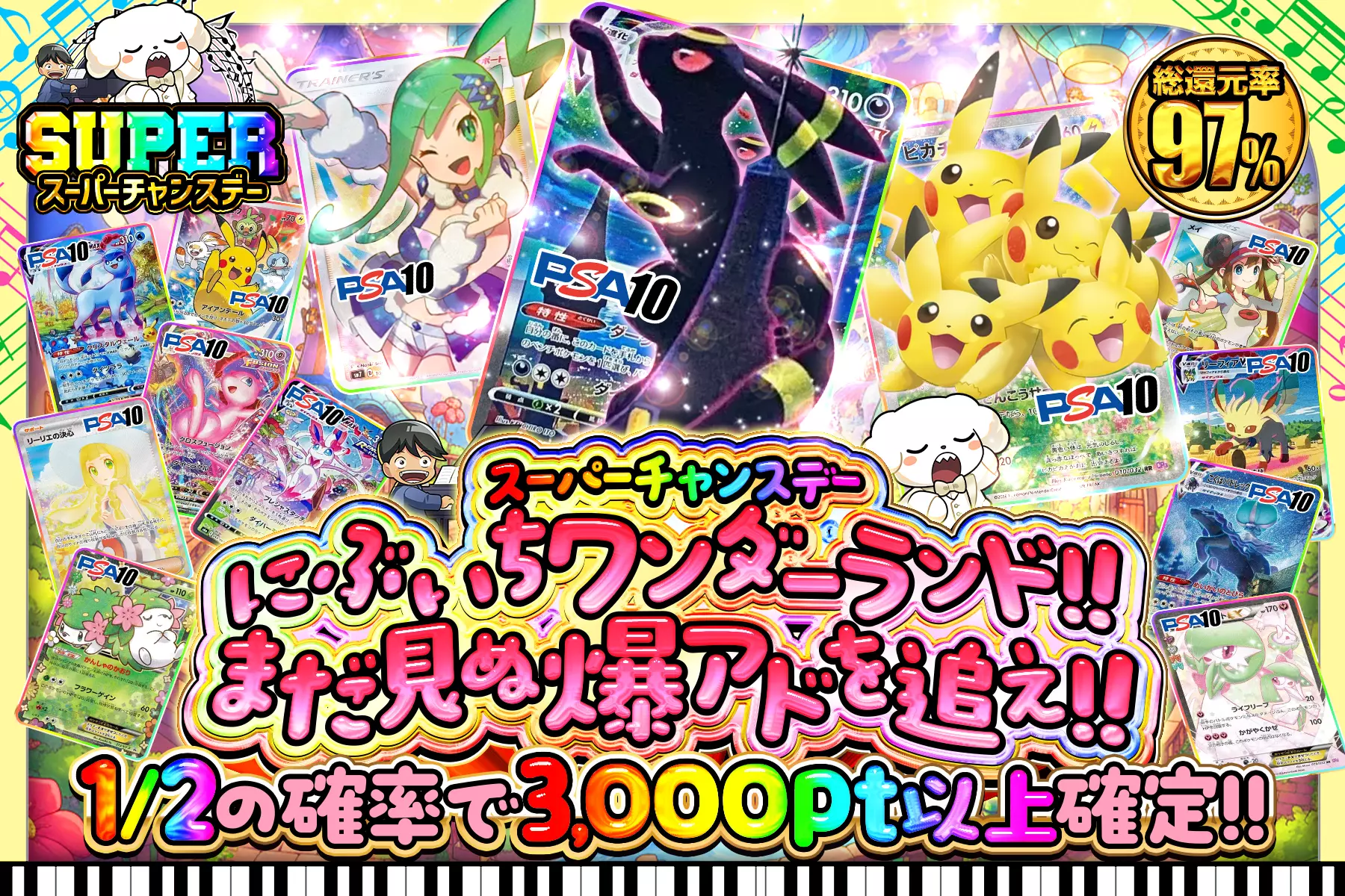 "スーパーチャンスデー にぶいちワンダーランド!! まだ見ぬ爆アドを追え!!" "総還元率97%! 1/2の確率で3,000pt以上確定!!"