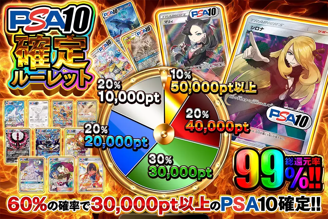 PSA10確定ルーレット "総還元率99%!! 60%の確率で30,000pt以上のPSA10確定!!"