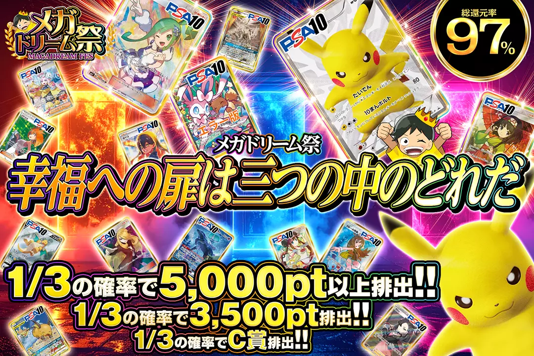 "メガドリーム祭 幸福への扉は三つの中のどれだ" "総還元率97%!! 1/3の確率でC賞排出!! 1/3の確率で3,500pt排出!! 1/3の確率で5,000pt以上排出!!"