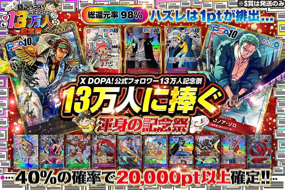 "X DOPA!公式フォロワー13万人記念祭 13万人に捧ぐ渾身の記念祭" "総還元率98％!! 40%の確率で20,000pt以上確定!! ハズレは1ptが排出... ※S賞は発送のみ"