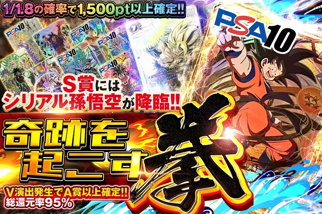 奇跡を起こす拳 "総還元率95%!! 1/1.8の確率で1,500pt以上確定!! V演出発生でA賞以上確定!! S賞にはシリアル孫悟空が降臨!!"