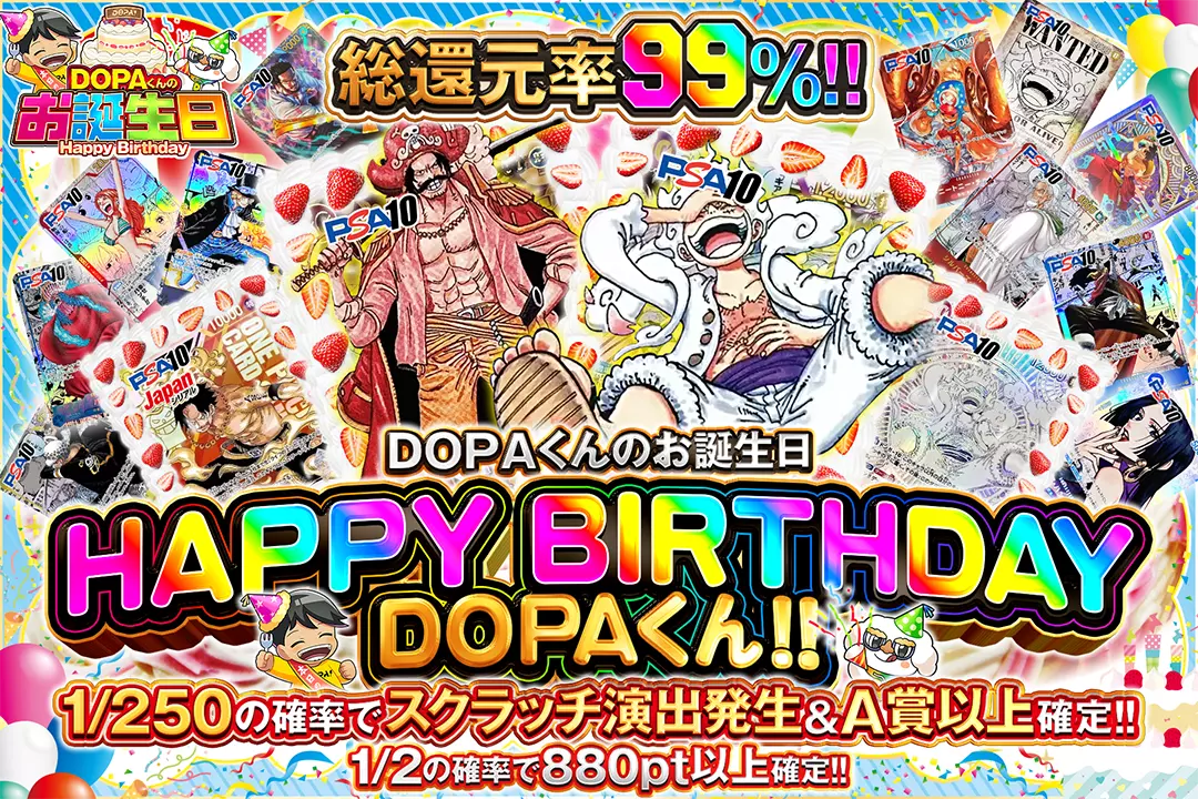 "DOPAくんのお誕生日 HAPPY BIRTHDAY DOPAくん!!" "総還元率99%!! 1/2の確率で880pt以上確定!! 1/250の確率でスクラッチ演出発生&A賞以上確定!!"