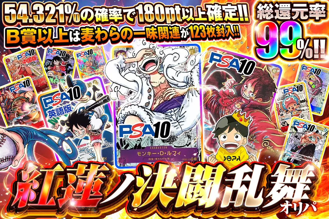 紅蓮ノ決闘乱舞オリパ "総還元率99%!! 54.321%の確率で180pt以上確定!!  B賞以上は麦わらの一味関連が123枚封入!!"