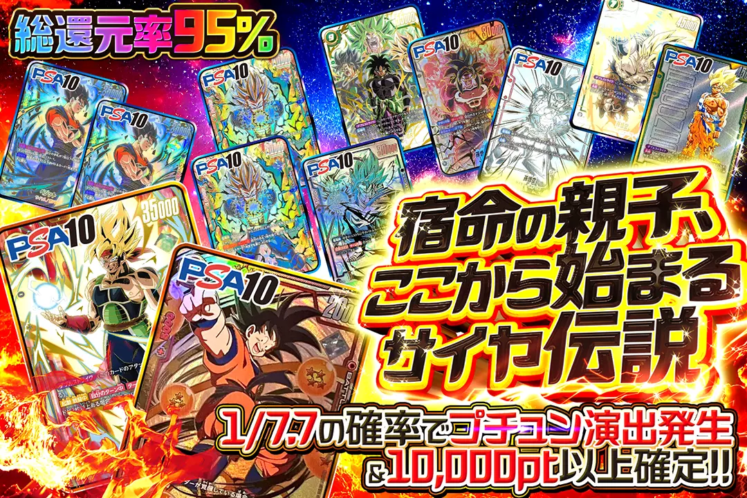宿命の親子、ここから始まるサイヤ伝説 "総還元率95%!! 1/7.7の確率でプチュン演出発生&10,000pt以上確定!!"